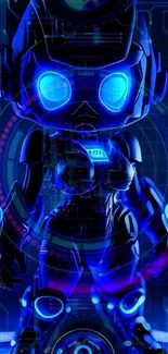 Futuristic phone wallpaper with neon blue robot in digital grid setting.