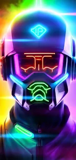 Futuristic neon robot with vibrant colors on a digital wallpaper.