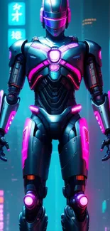 Futuristic neon robot in cyberpunk city wallpaper.