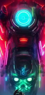 Neon-lit futuristic robot with cityscape in vibrant colors for mobile wallpaper.