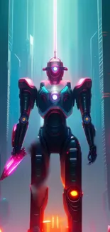 Futuristic neon-lit robot in urban setting with vibrant glow.