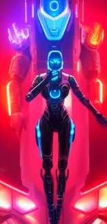 Futuristic neon robot with vibrant red and blue lights.