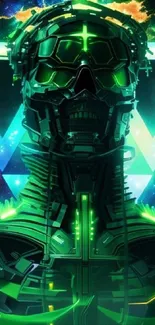 Futuristic neon robot with green lights.