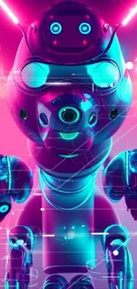 Futuristic neon robot with vibrant pink and blue accents, ideal for wallpaper.