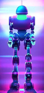 Vibrant neon robot in a futuristic cityscape.