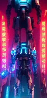 Neon-lit robotic figure dominates futuristic cityscape background.