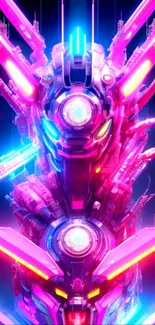 Futuristic neon robot with pink and blue hues glowing vibrantly.