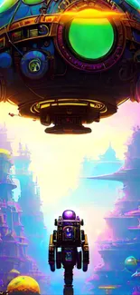 Futuristic neon robot world with floating spheres and vibrant colors.