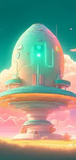 Futuristic neon rocket hovering in a dreamy, colorful landscape.