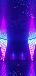 Futuristic room with blue and pink neon lights.