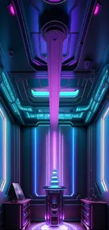 Futuristic neon room wallpaper with purple and blue glow.