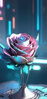 Futuristic neon rose in a digital art scene.