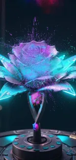 Futuristic neon rose with vibrant colors on a dark background.