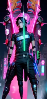 Futuristic neon samurai with glowing swords in a cyberpunk cityscape.