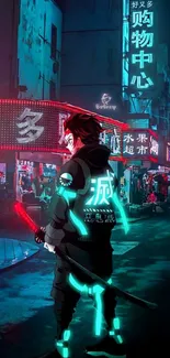 Neon-lit city with futuristic samurai in the foreground.