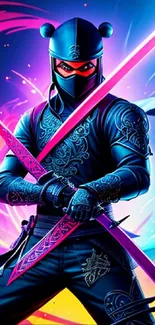 Futuristic neon samurai with glowing swords and vibrant background.