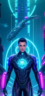 Futuristic neon-lit cyber hero in a sci-fi cityscape.