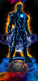 Futuristic armored hero in neon colors, cosmic background.