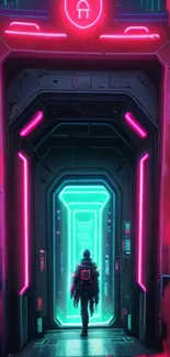 Neon-lit sci-fi portal with explorer in vibrant futuristic hallway.