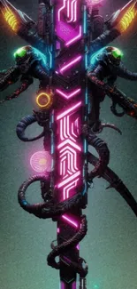 Futuristic neon sci-fi wallpaper with glowing cybernetic designs.