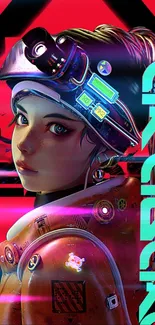 Futuristic cyborg in neon red hues with digital elements.