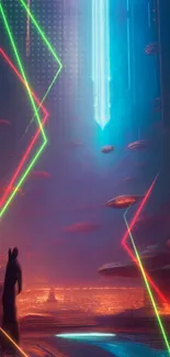 Futuristic sci-fi wallpaper with neon lights and space elements.