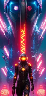 Futuristic sci-fi wallpaper with neon city lights and a lone figure.