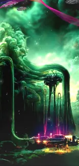 Futuristic sci-fi cityscape with neon green hues and alien structures.