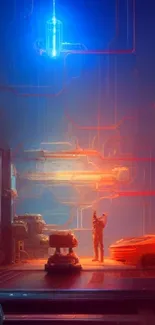 Futuristic sci-fi wallpaper with neon blue and orange details.