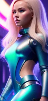 Futuristic female character in neon suit with vibrant blue and purple hues.