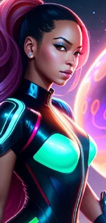 Futuristic character with vibrant neon effects in a cosmic setting.