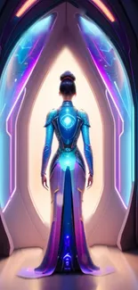 Futuristic female figure in neon portal