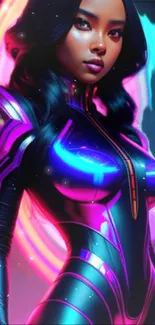 Futuristic neon sci-fi female character wallpaper in digital art style.