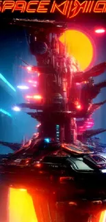 Futuristic neon sci-fi space station wallpaper with vibrant colors.