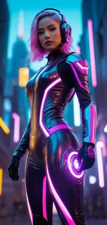 Futuristic figure in neon cityscape with vibrant colors and cyberpunk elements.