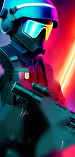 Futuristic neon sci-fi soldier with glowing accents on phone wallpaper.