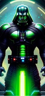 Sci-fi warrior in neon armor with green glow and futuristic background.