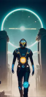 Futuristic figure in glowing suit amidst ancient ruins and a radiant circle.