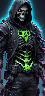 Futuristic neon skeleton with glowing accents on mobile wallpaper.