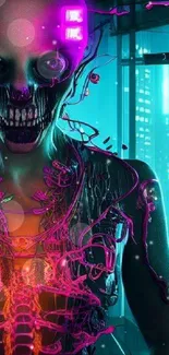 Futuristic neon skeleton wallpaper with vibrant colors.