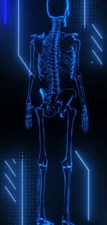 Futuristic blue neon skeleton on dark background.