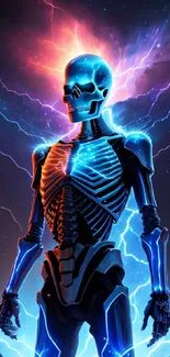 Futuristic neon skeleton with electric blue glow and vibrant cosmic background.