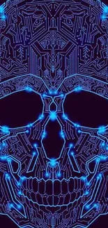 Futuristic neon blue circuitry skull on dark background.