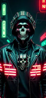 Futuristic neon skull design with vibrant colors in a dark urban setting.