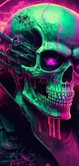 Futuristic neon skull with vibrant green and pink hues on a mobile wallpaper.