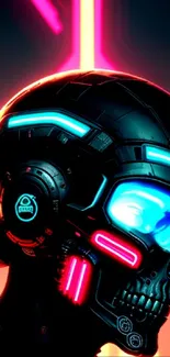 Futuristic neon skull artwork in cyberpunk style with vibrant colors.