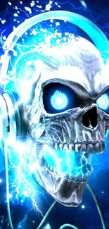 Electrifying neon skull with headphones on a blue background.