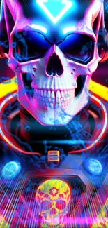 Futuristic neon skull with glowing elements in vibrant colors.