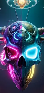 Futuristic neon skull art wallpaper with vibrant colors.