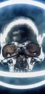 Futuristic neon skull art with glowing effect.